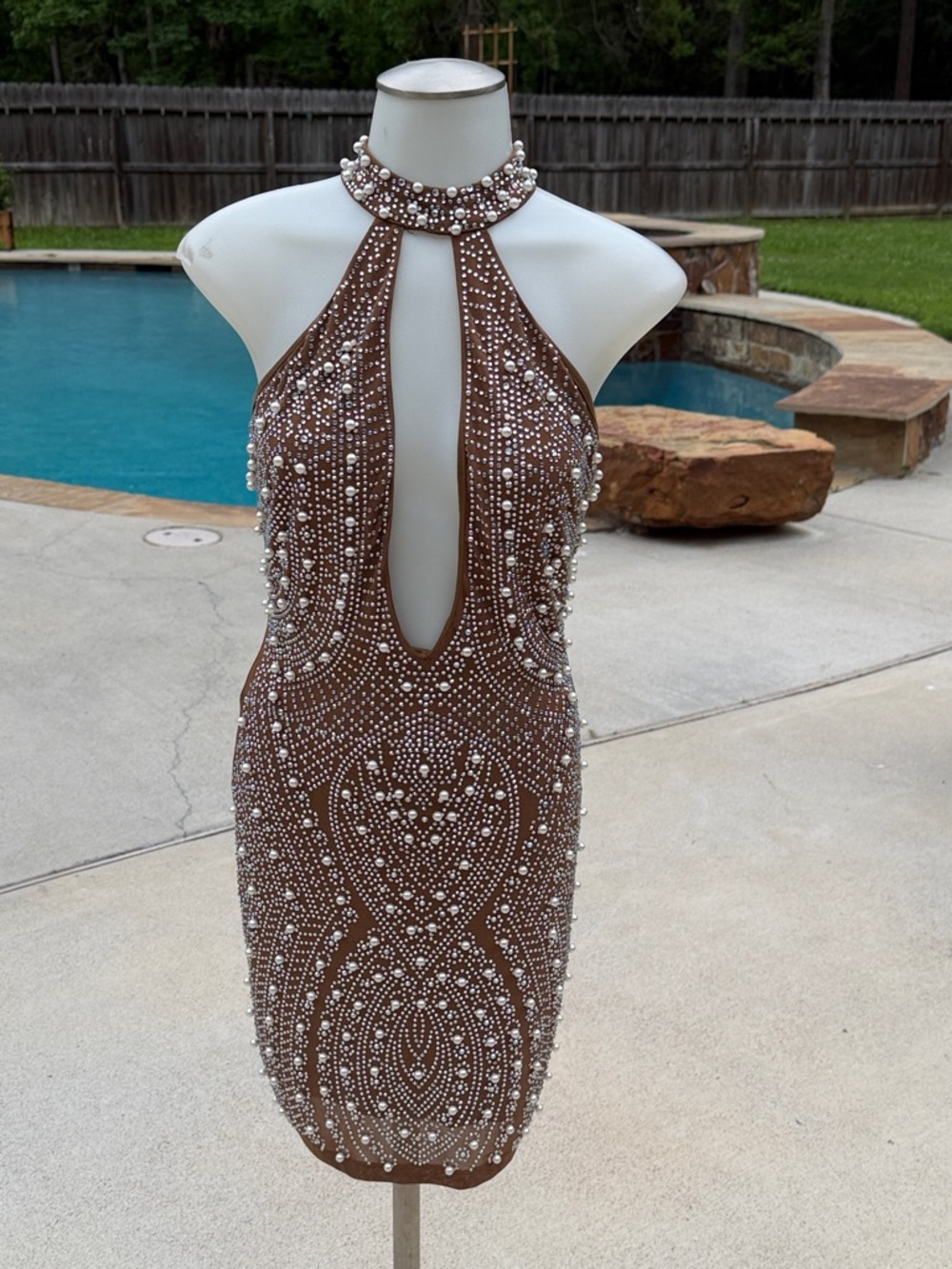 Embellished Brown Halter Bodycon Dress with Pearl Accents small